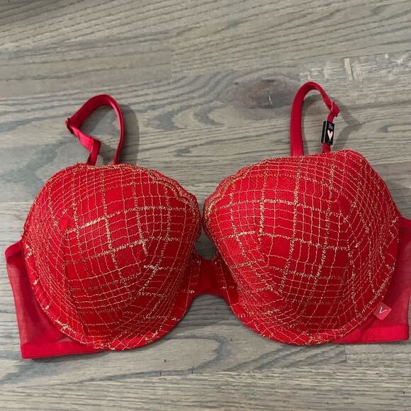Victorias Secret Lined Demi Metallic Lace bra red and gold - Picture 4 of 7